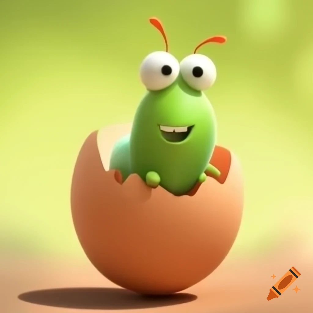 Tiny green caterpillar smiling after emerging from egg, animated style