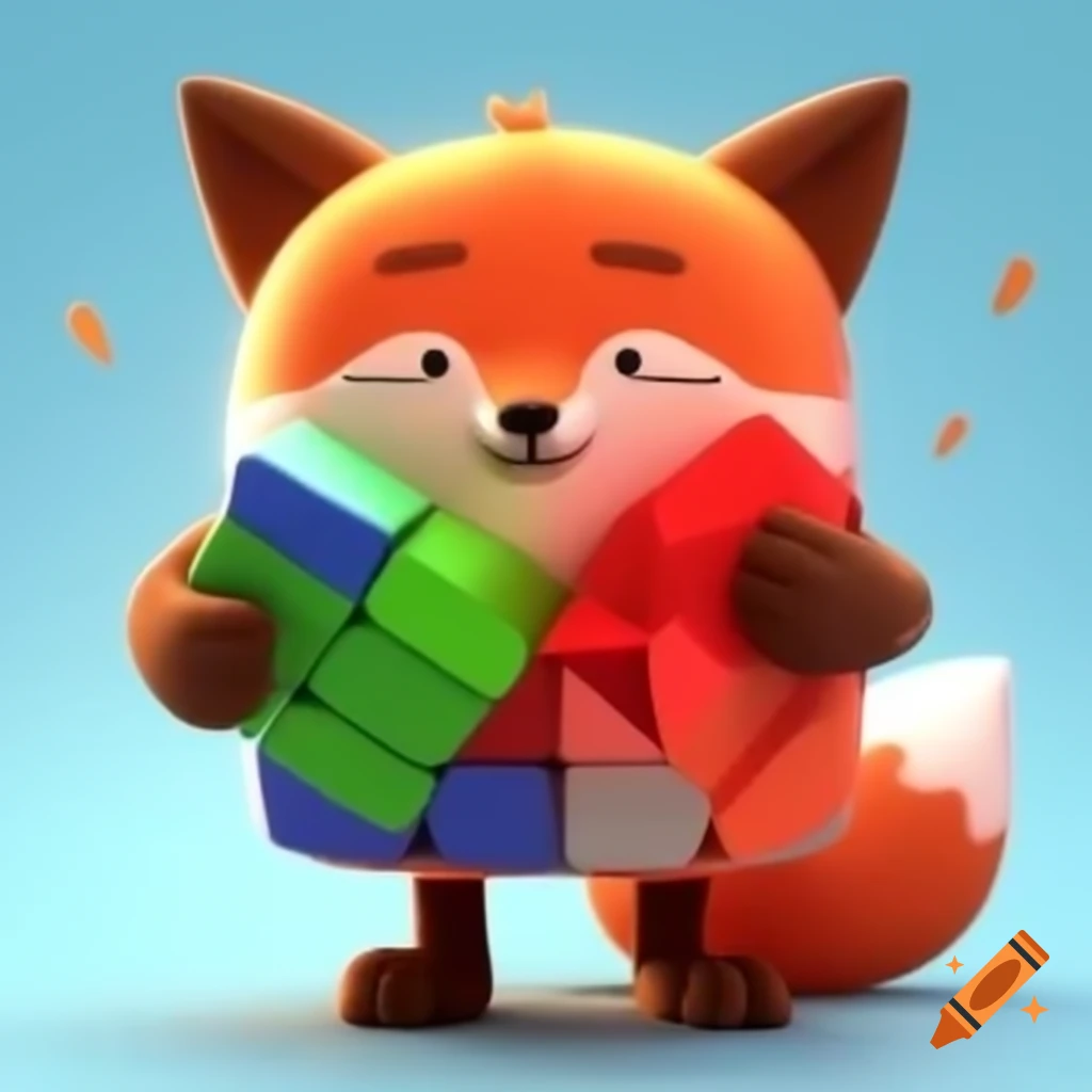 Fox mascot hugging a colorful cube
