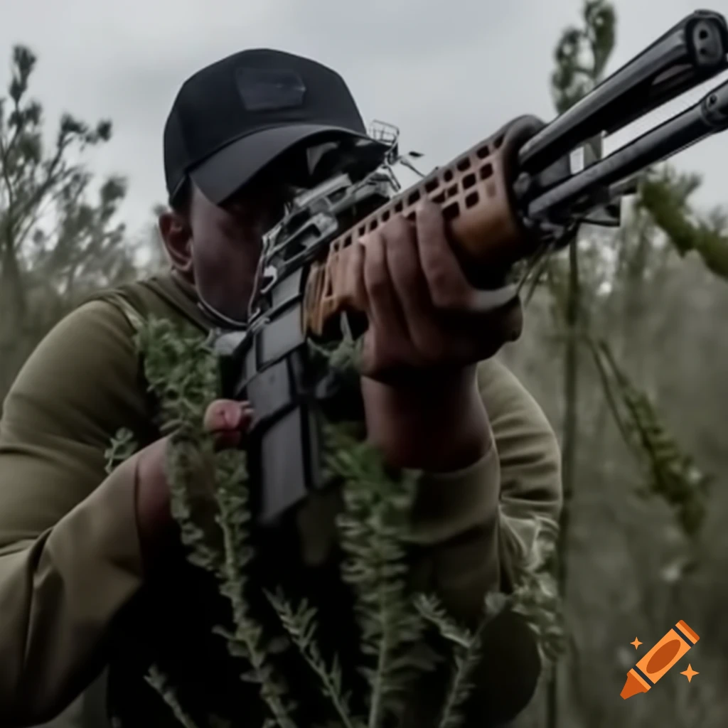 Soldier with rifle hiding behind bush