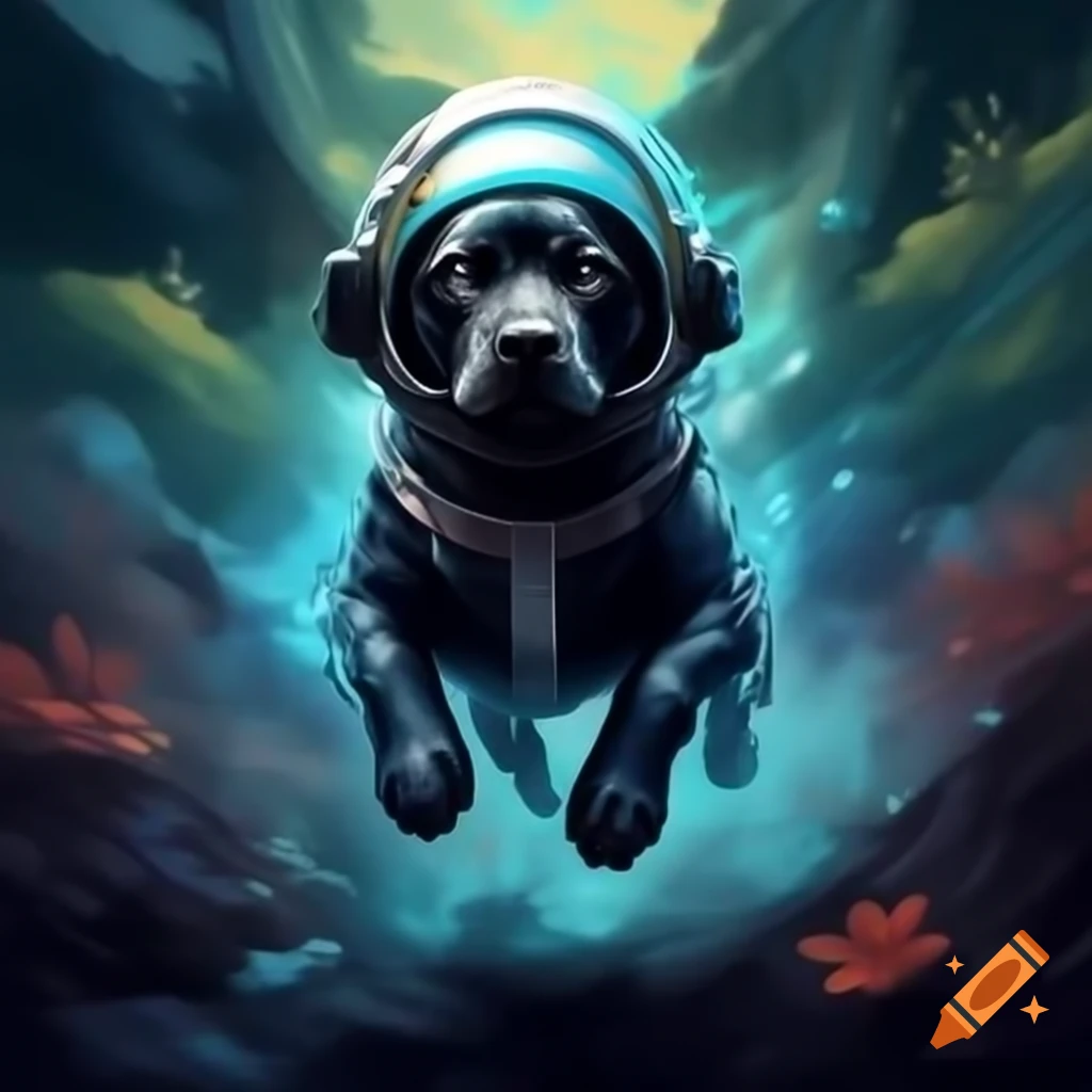 Black labrador wearing astronaut helmet jumping in oil paint style nature background