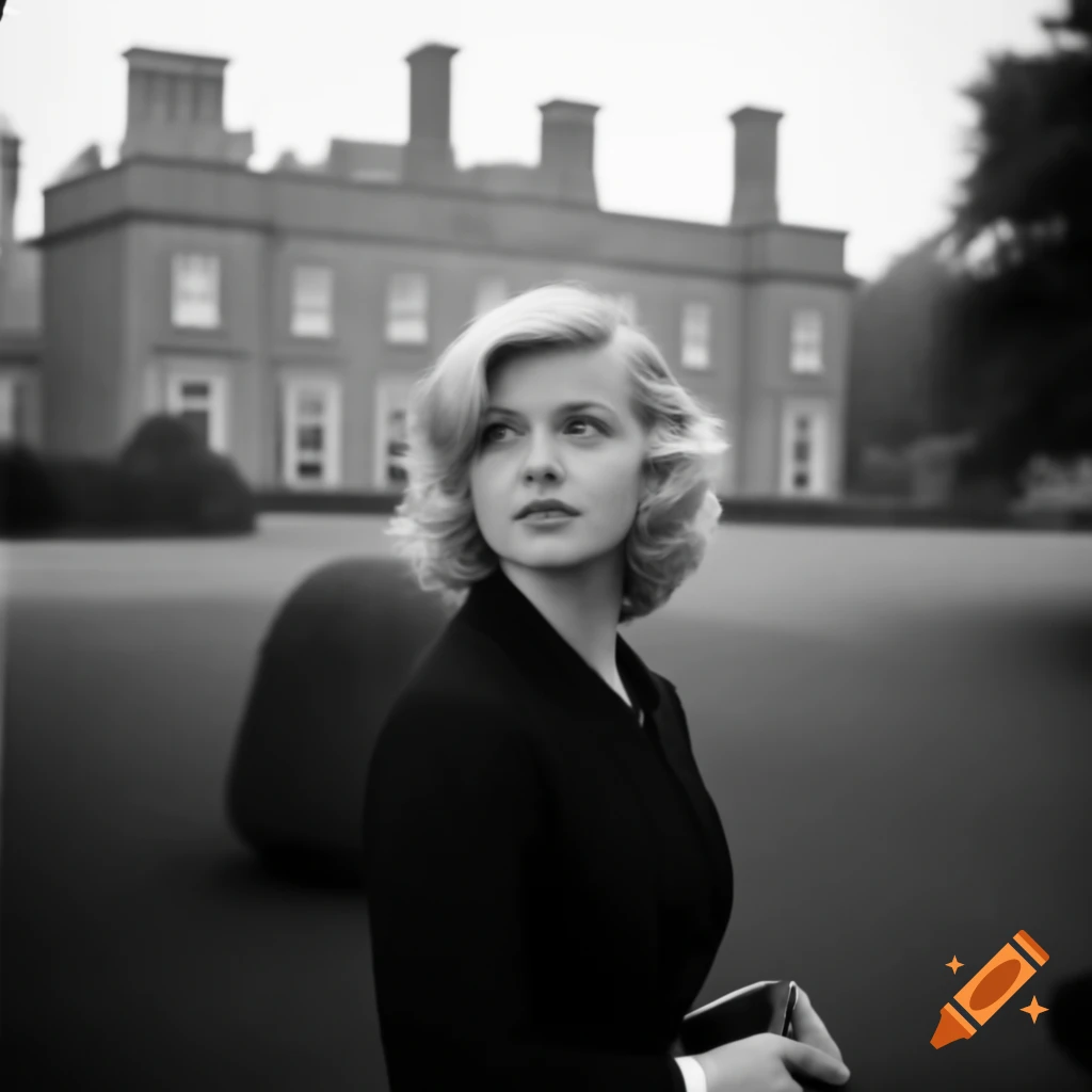 Blonde woman standing outside English stately home