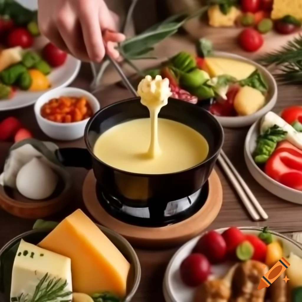 Melted cheese fondue in a pot served with bread, vegetables, and dipping items