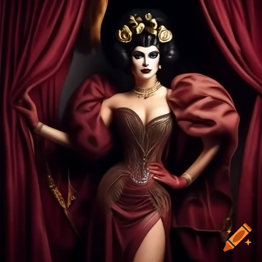 Minerva Muse's drag race promo look featuring an avant-garde burgundy gown