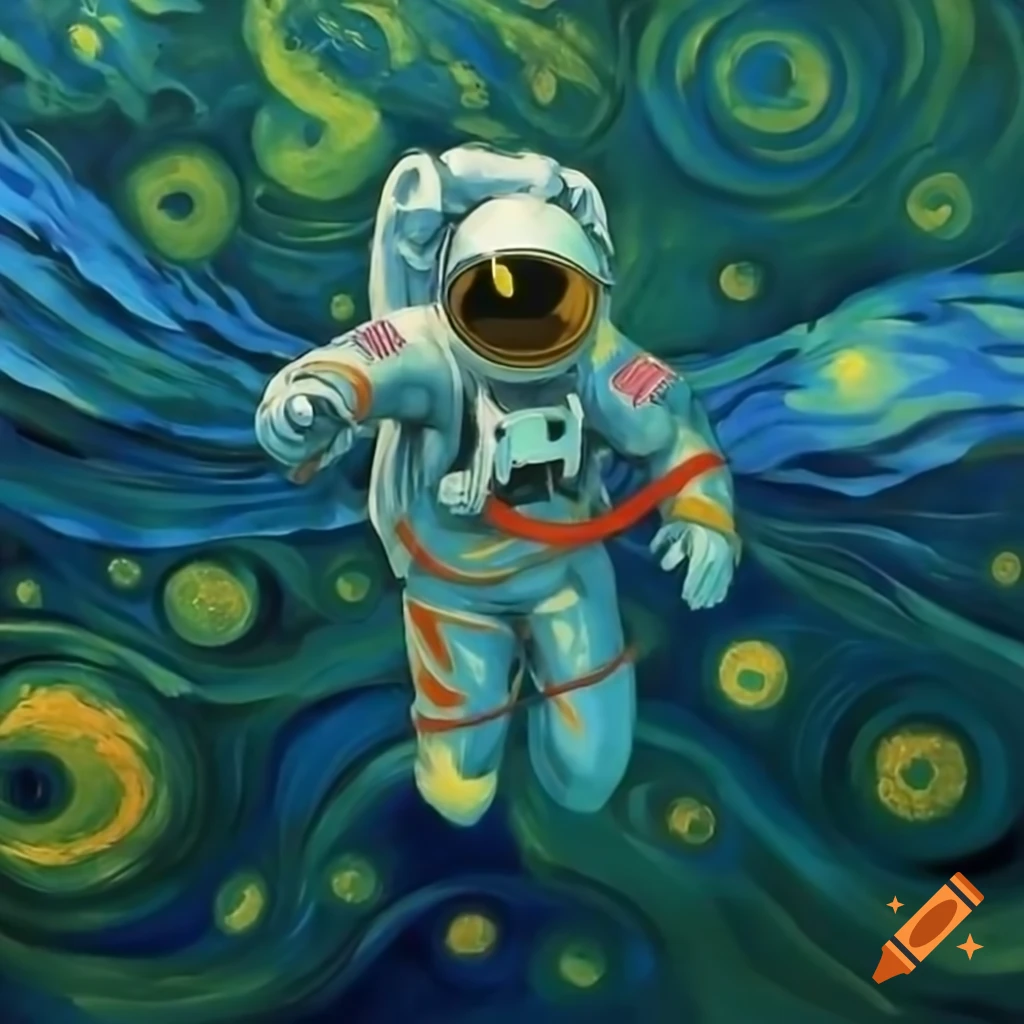 Astronaut floating in space with expressive van Gogh style colors