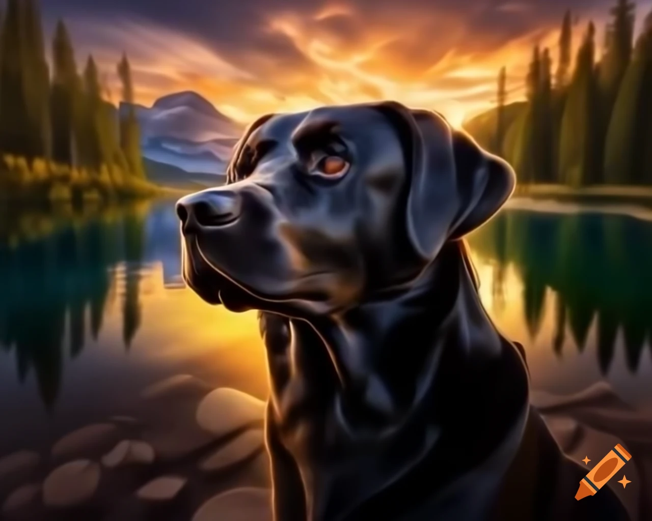 Black Labrador Retriever in forest facing camera with trees in background