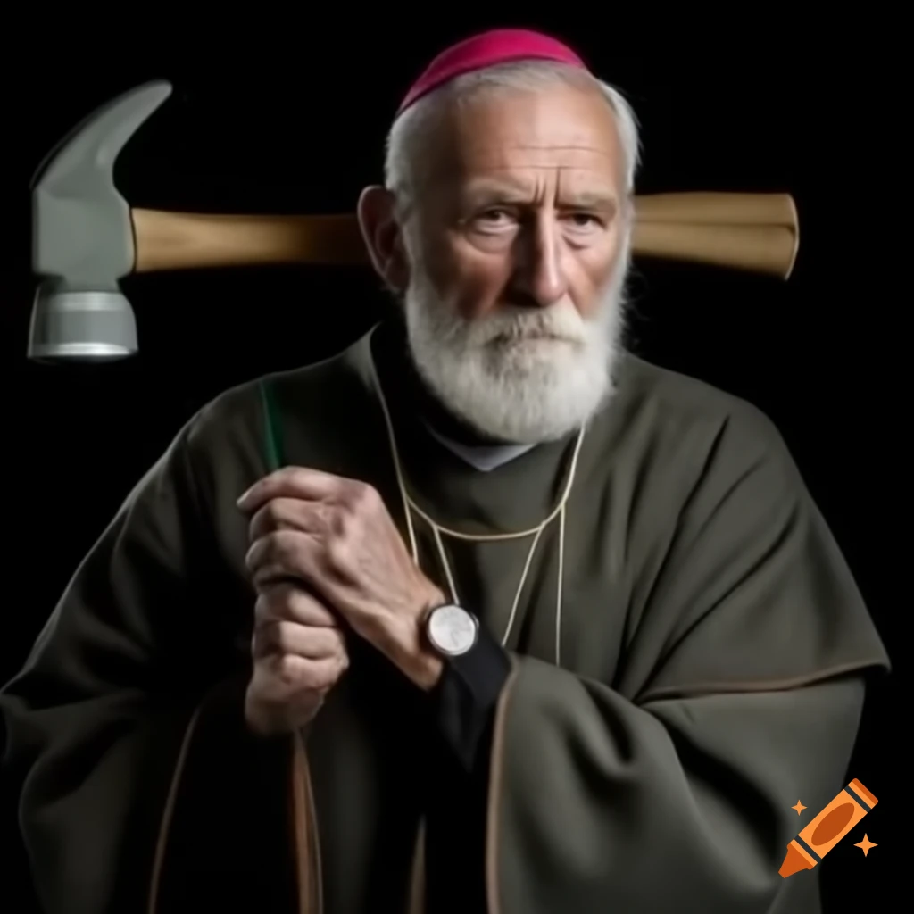 Old West priest with hammer and bronze watch around neck