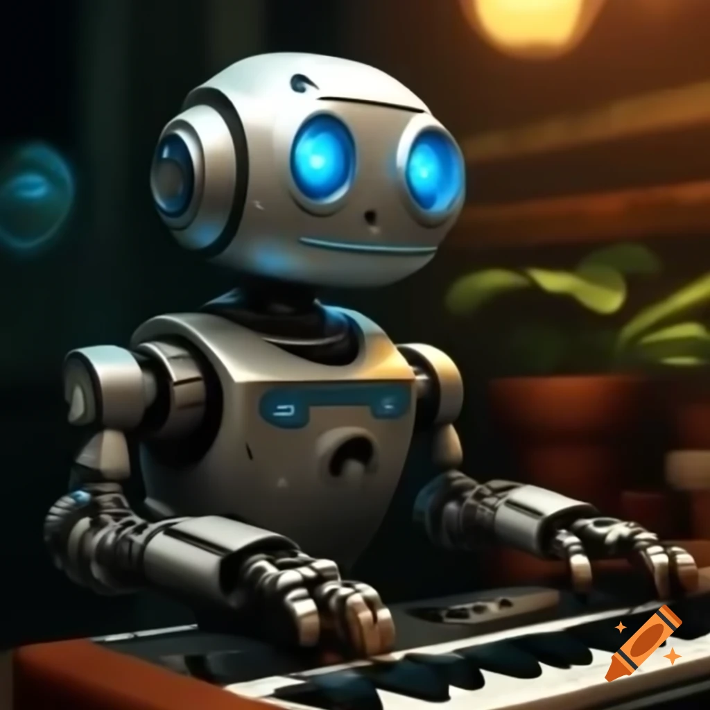Friendly robot with glowing blue eyes playing synthesizer