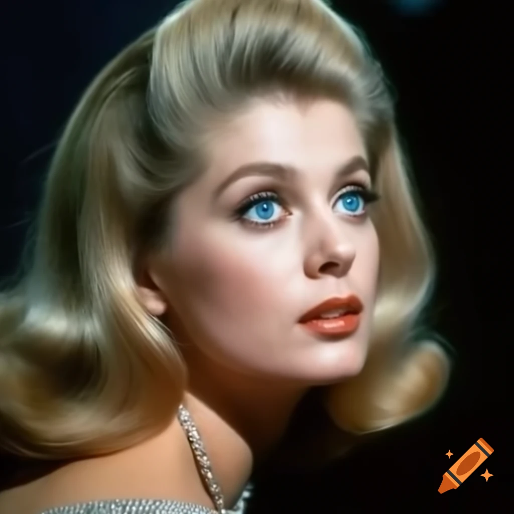 Hyper-realistic retro portrait of beautiful European actress from 1963 with blue eyes and wavy blonde hair