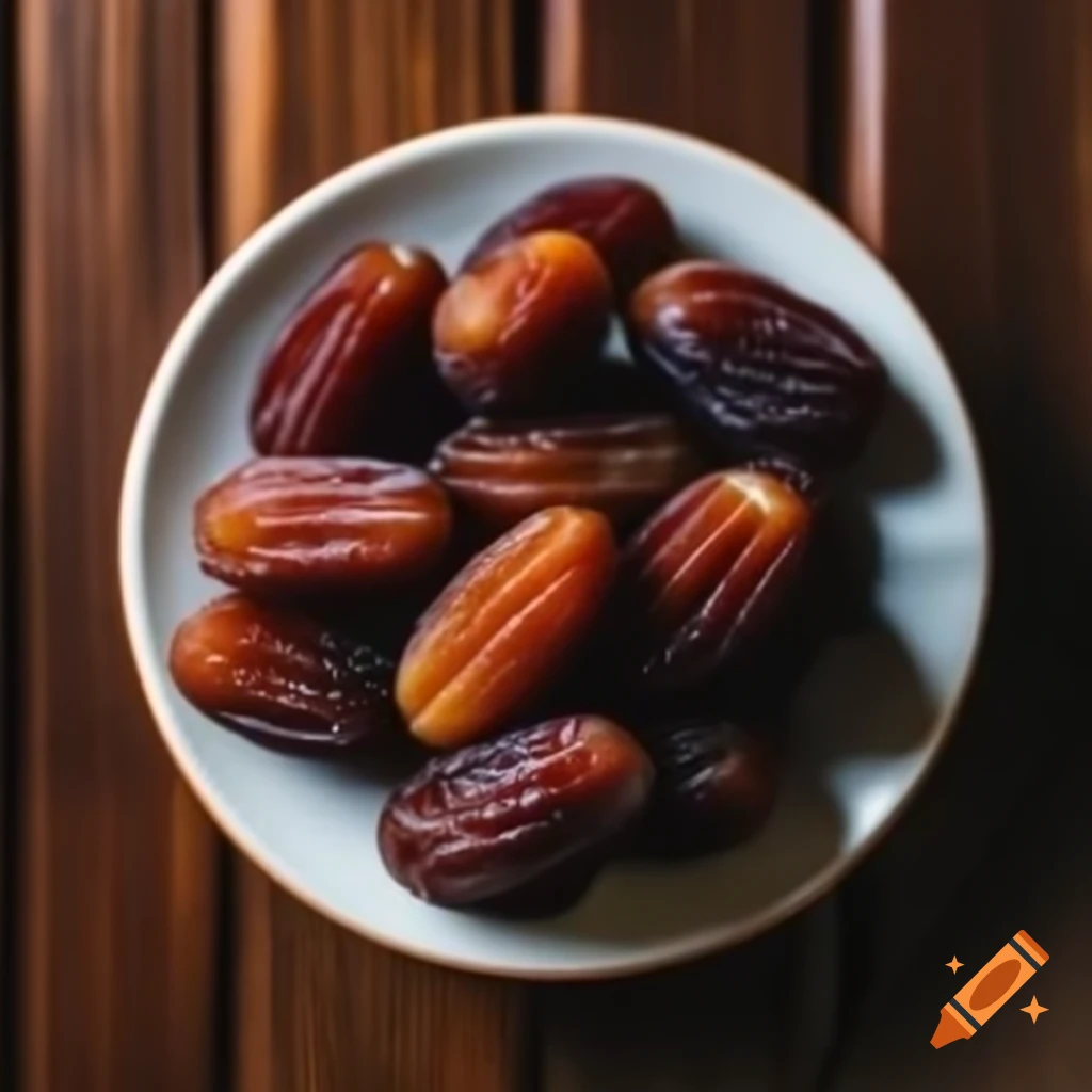 Close-up of dates on white plate with soft lighting on wooden table