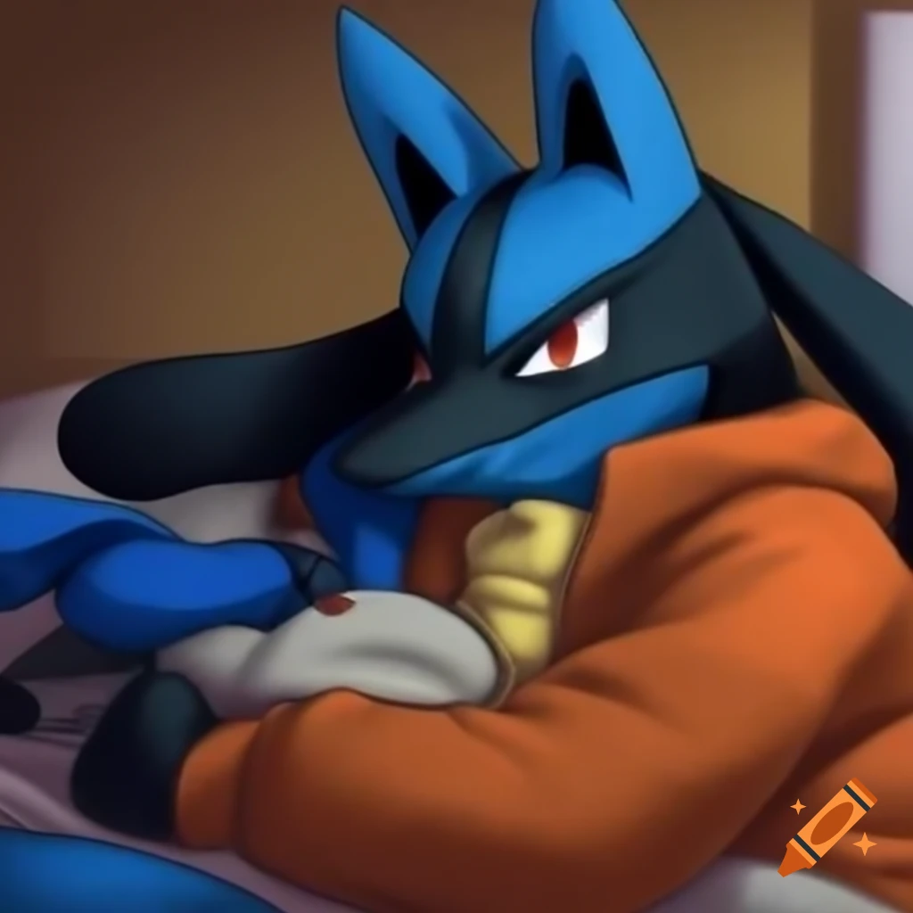Lucario in orange onesie cuddling with owner in bed