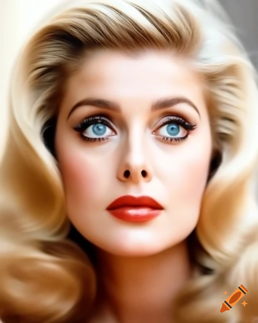 Hyper-realistic portrait of beautiful European actress from 1963 with blue eyes and wavy blonde hair