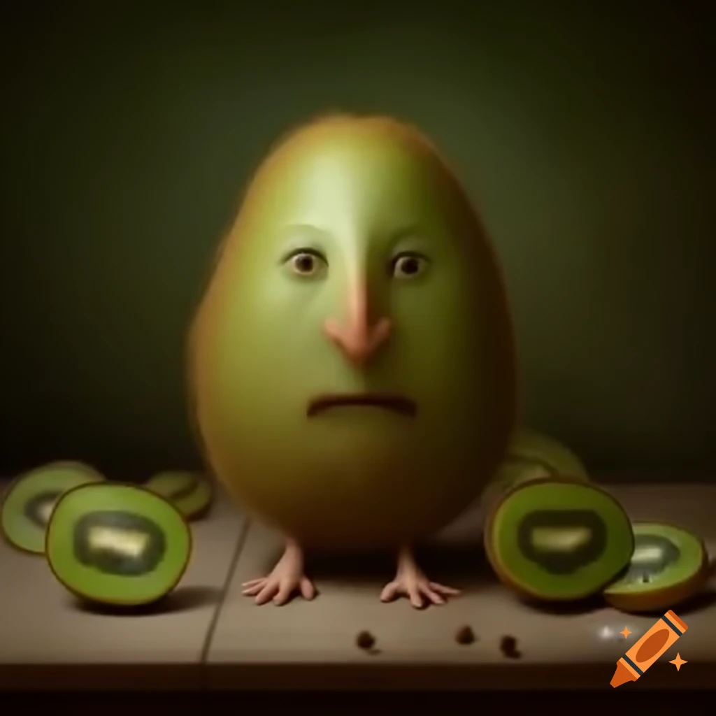 Surreal depiction of kiwi fruit and a man in a creative art style