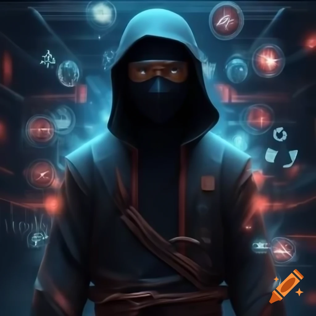Ninja with futuristic gadgets and digital technology icons
