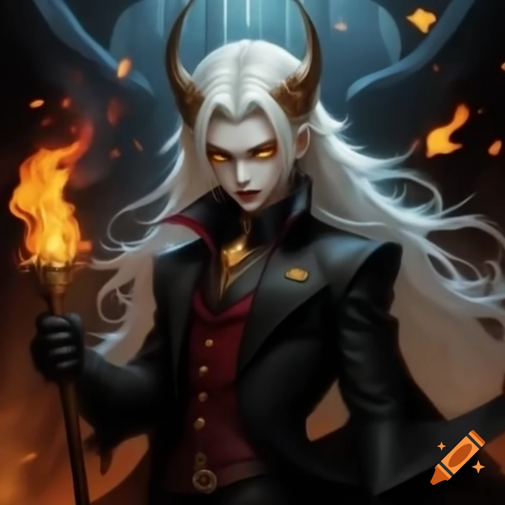 Vampire prince with white hair and yellow eyes in black suit and crown, wielding fire and scepter