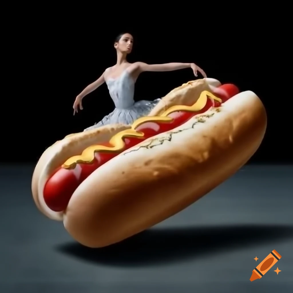 Ballet dancer posing creatively on a hot dog