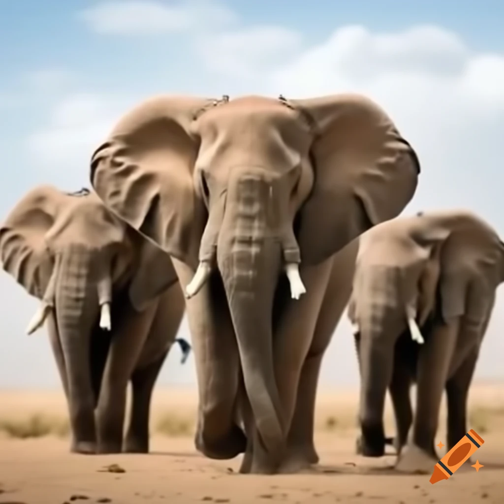 Three elephants standing, with one looking particularly energetic