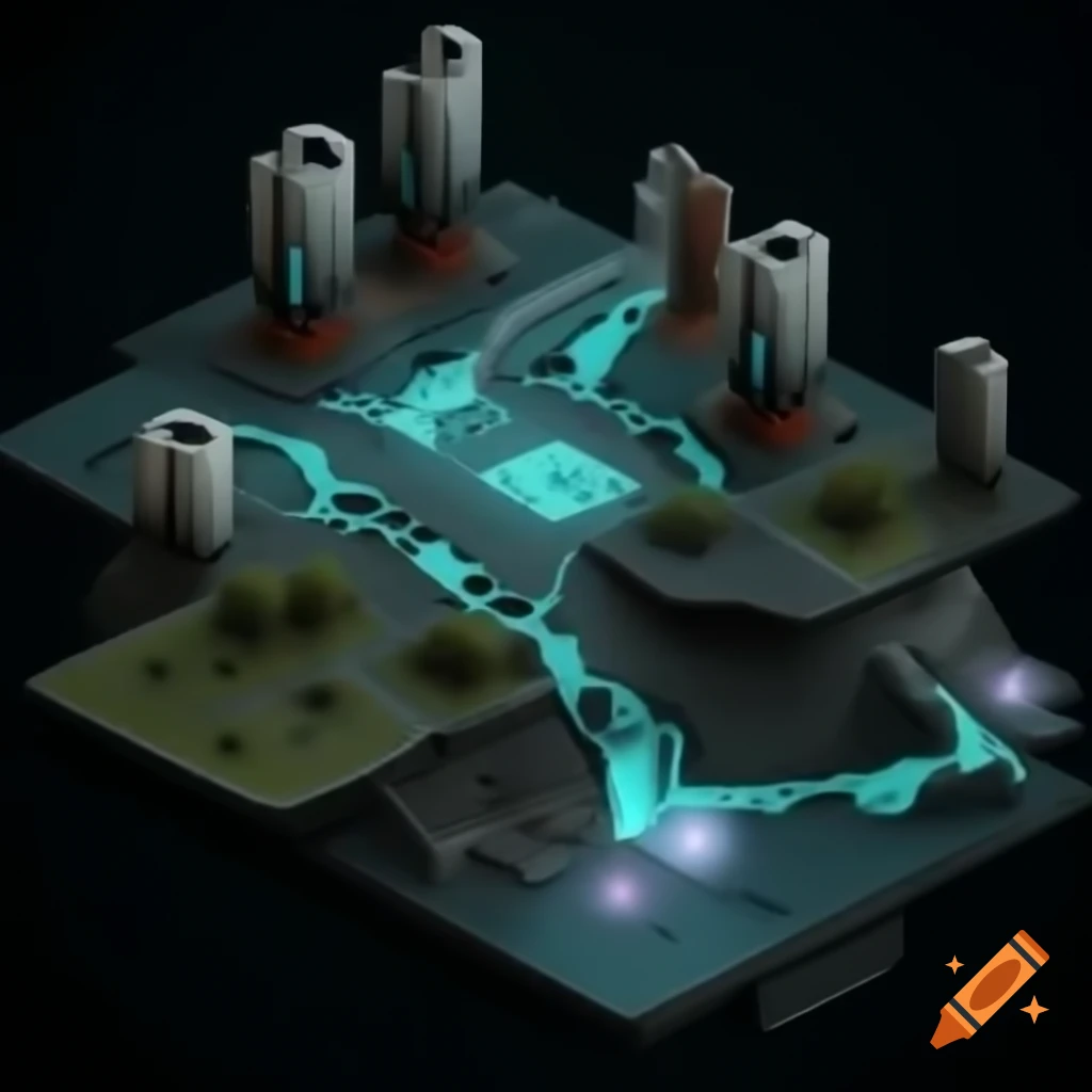 Intricate modular isometric concept art for large scale terrain locations