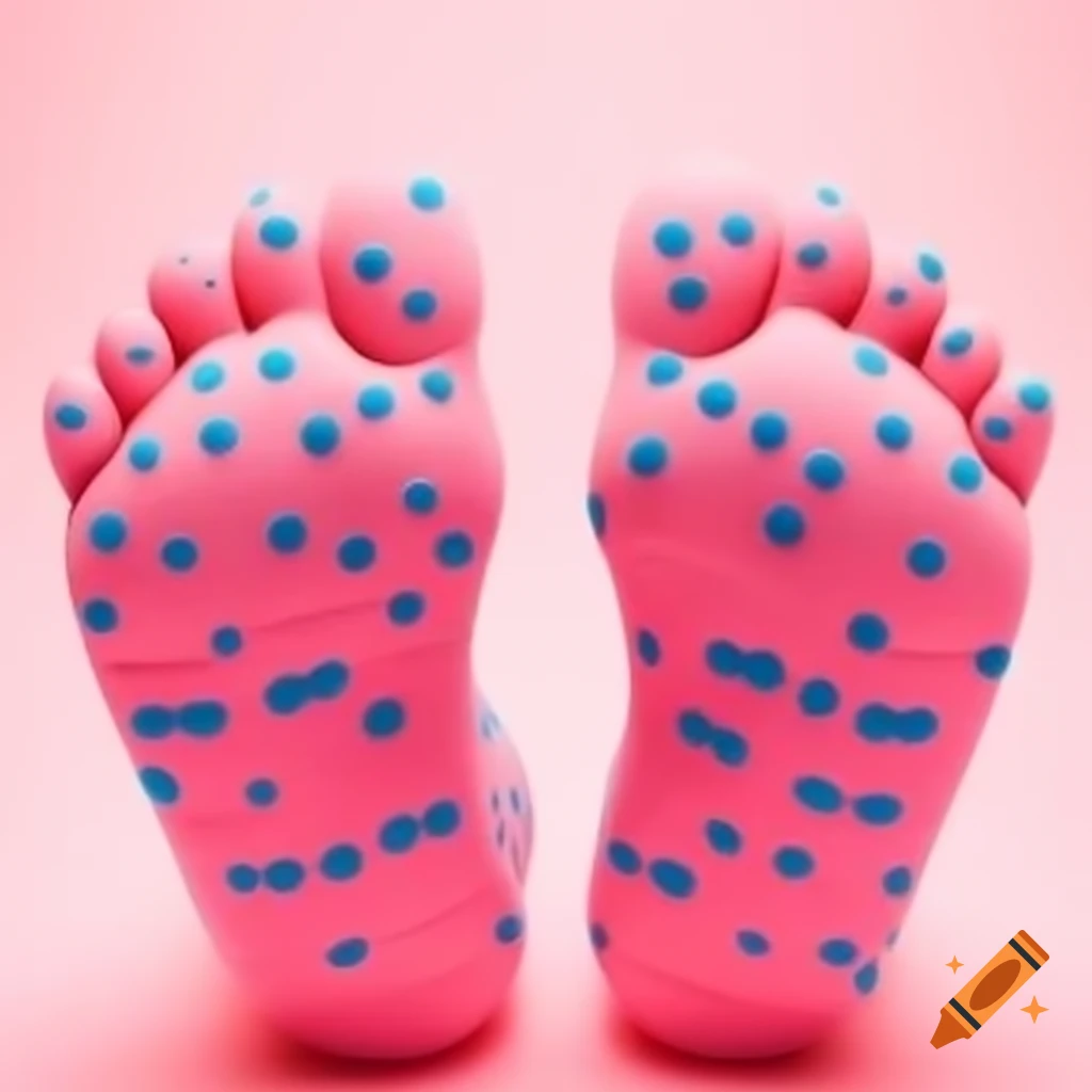 Close-up of pink spotted feet of a character resembling Mr Blobby