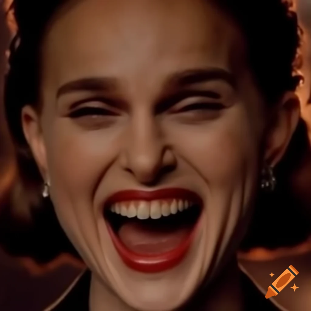 Natalie Portman laughing joyfully, eyes sparkling with joy