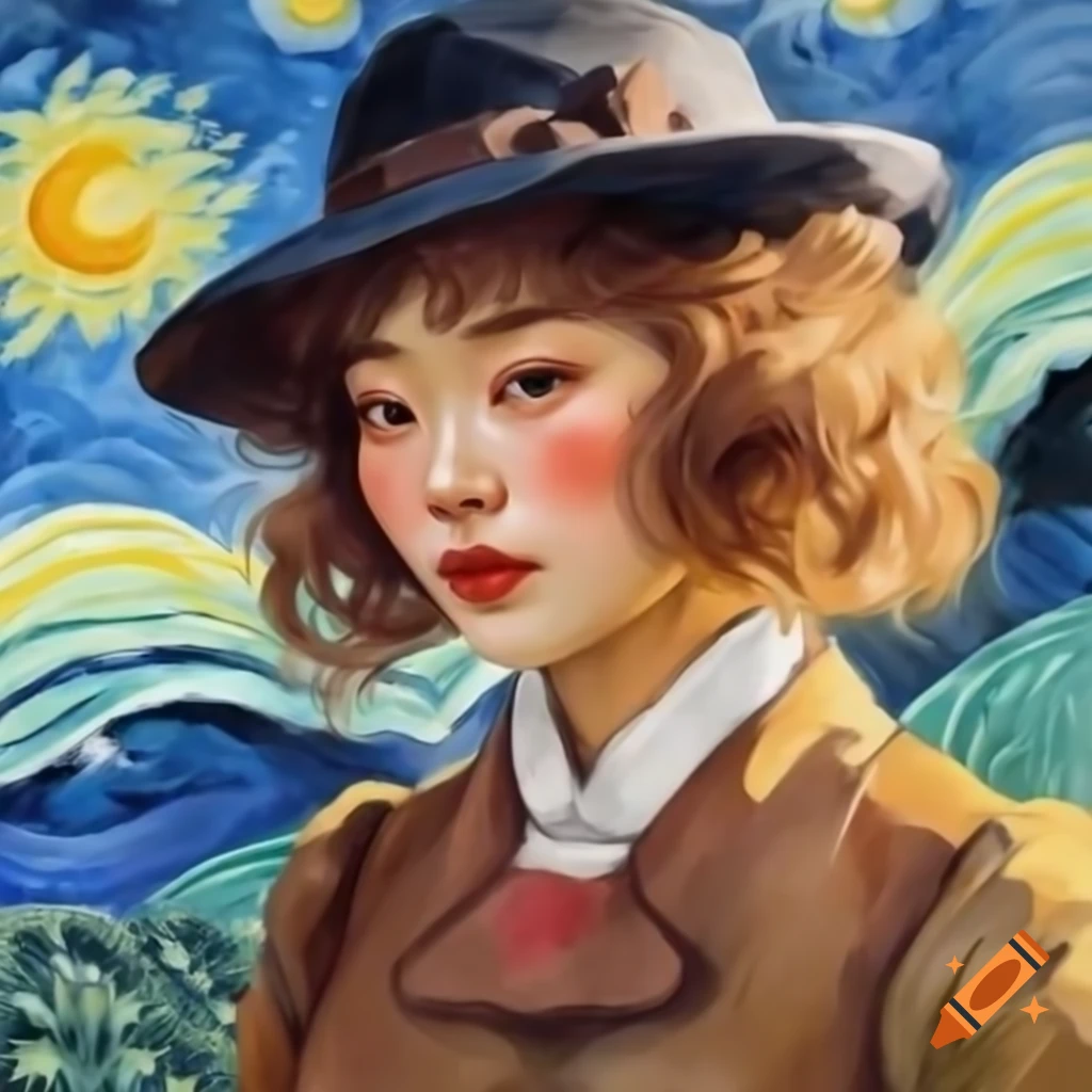 Portrait of Korean woman in Rockabilly attire, animated Van Gogh style with watercolor elements