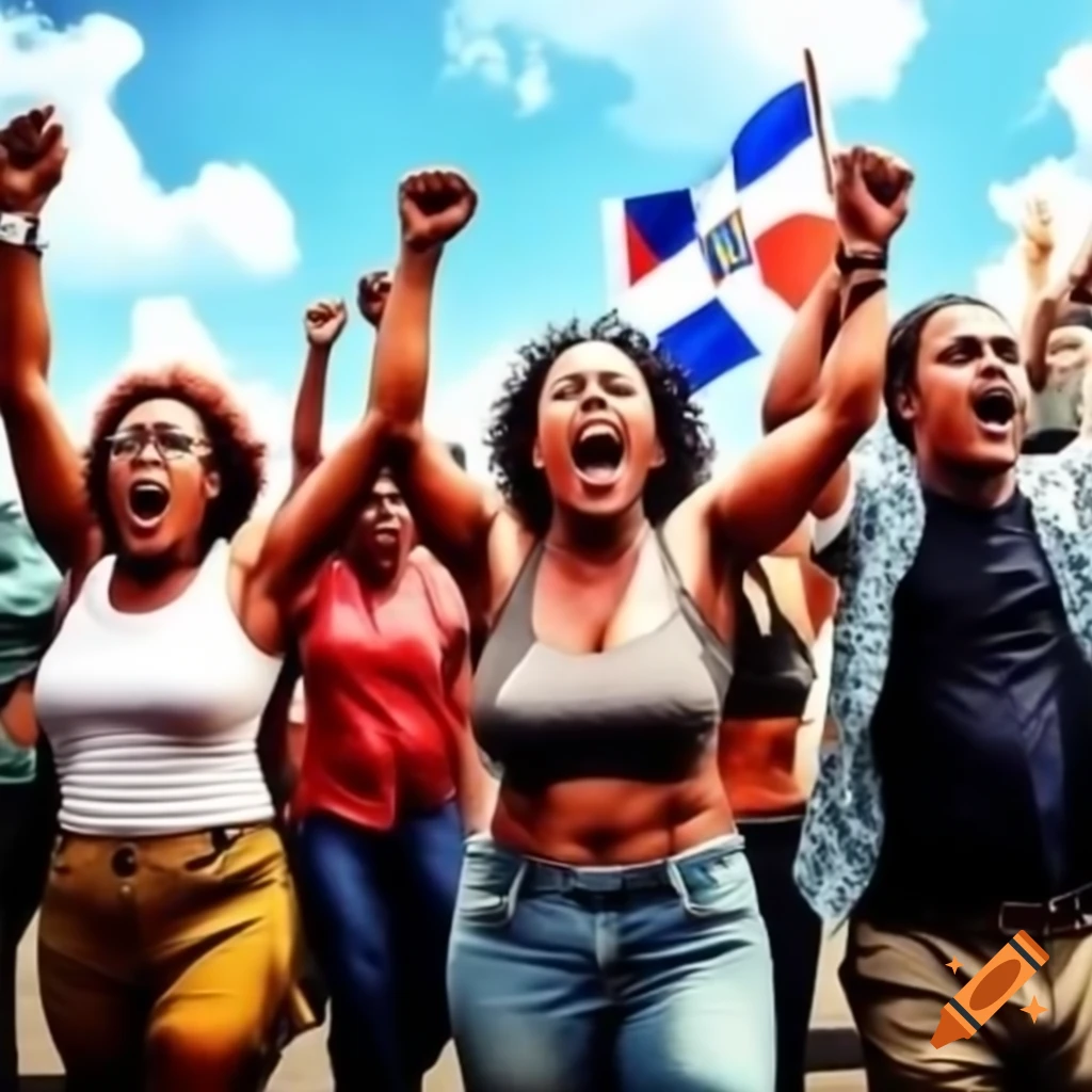 Vibrant protest scene with individuals marching and Dominican flag waving under blue sky