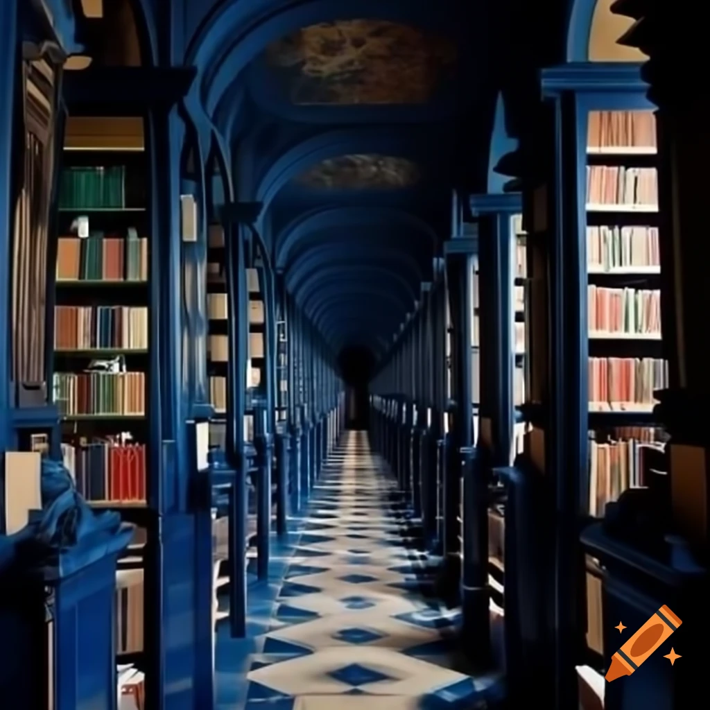 Beautiful bookshelves in blue oriental library, illuminated design