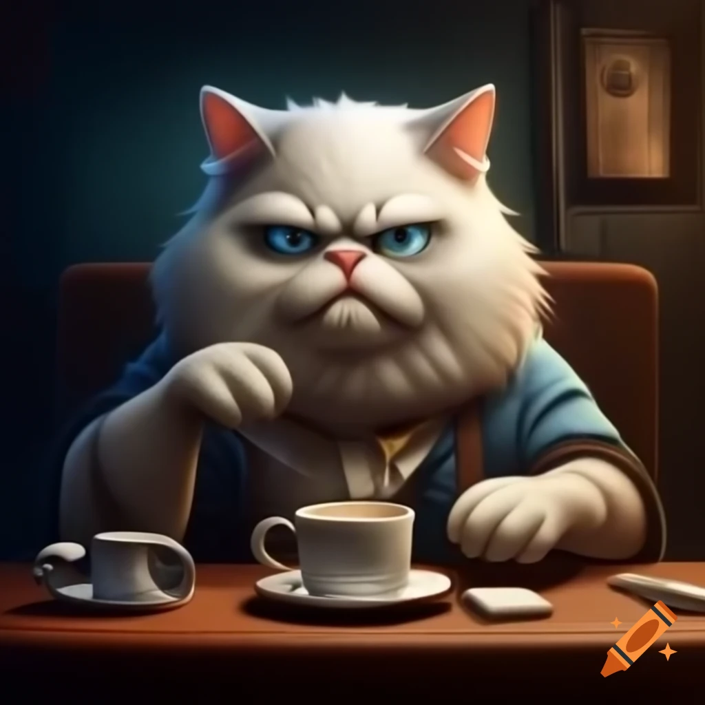 Grumpy Turkish Angora cat with coffee, unique eye colors, and messy fur