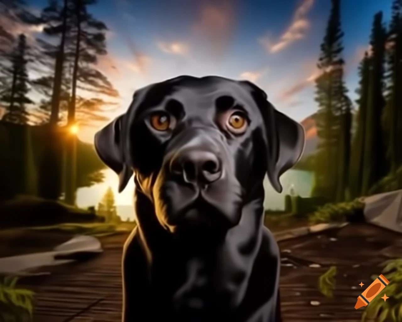 Black Labrador Retriever in forest facing camera with trees in background