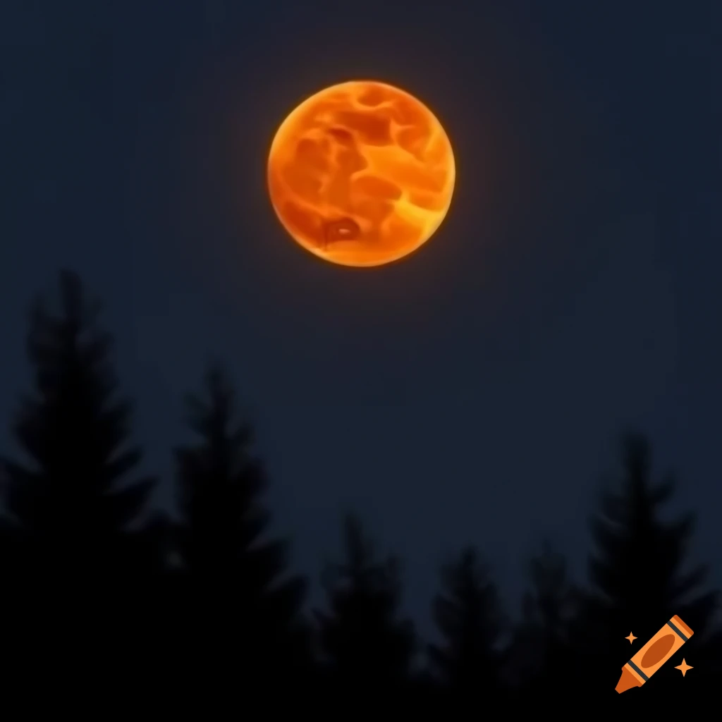 Jack o lantern glowing orange among trees at night with blood moon and