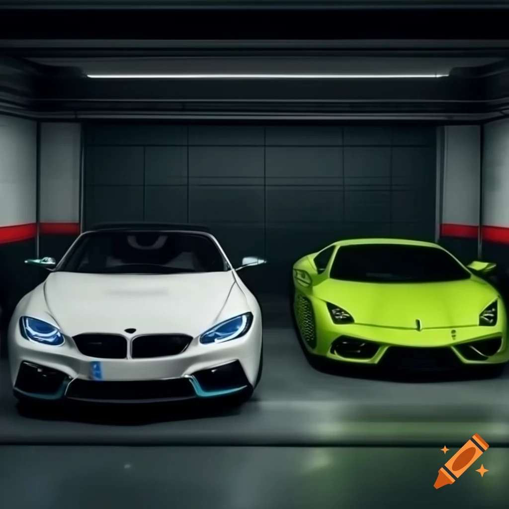 White BMW F30 and lime green Lamborghini Gallardo Superleggera in nostalgic garage
