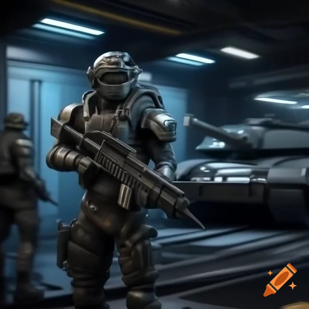Futuristic elevator to the moon with soldiers in high-tech armor and rifles