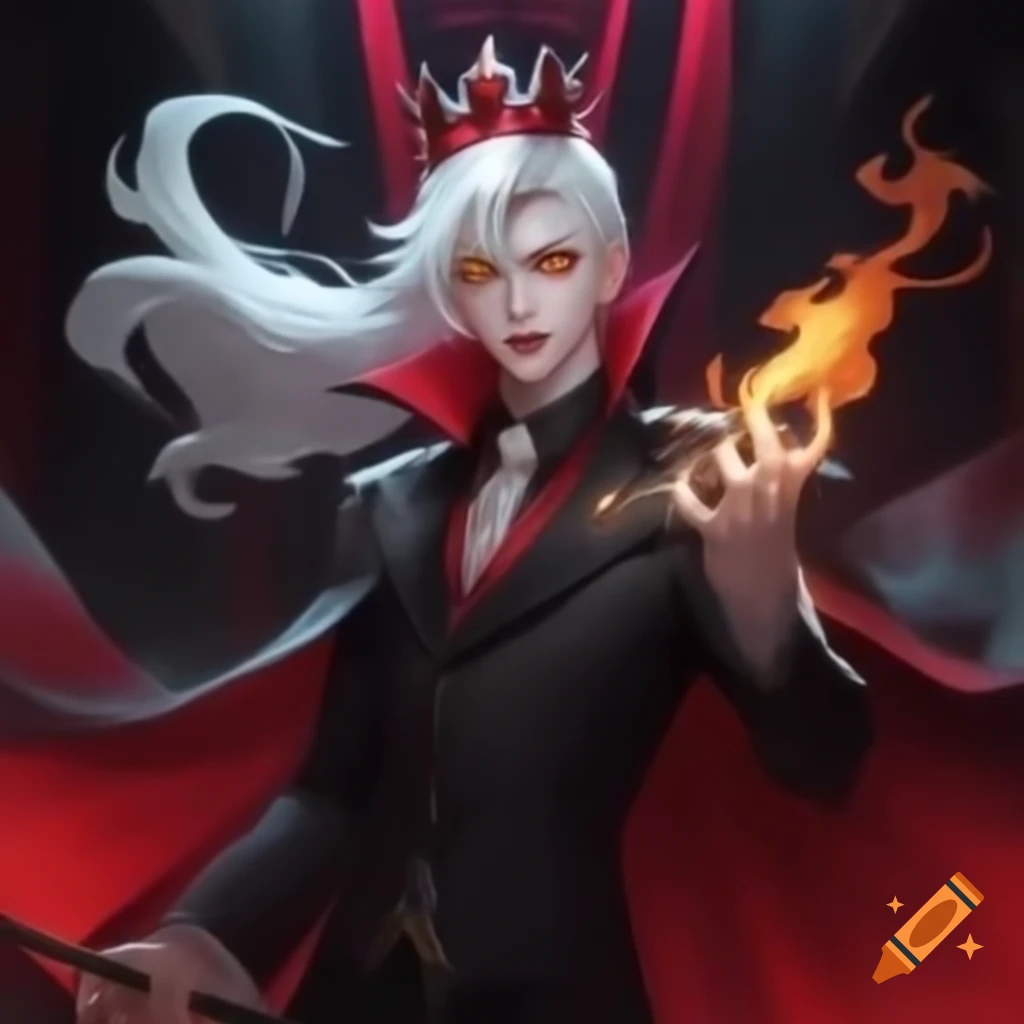 Vampire prince with white hair and yellow eyes in black suit, holding scepter and surrounded by flames