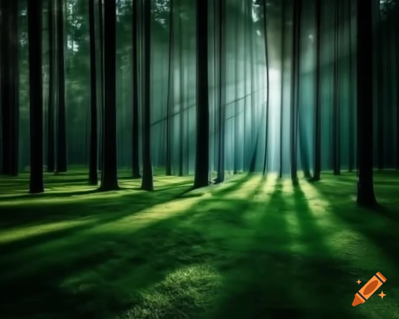 Photorealistic forest scene with interplay of light, shadows, and colors