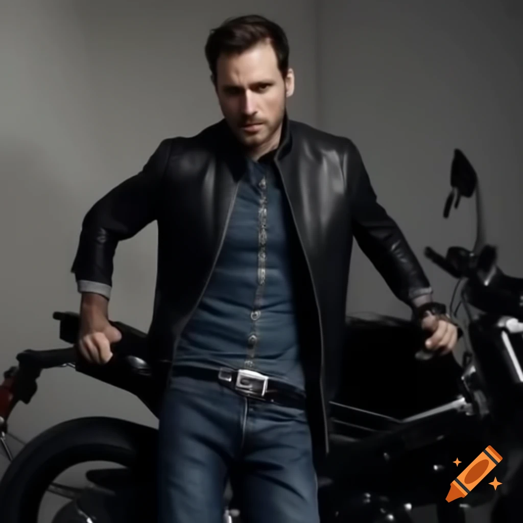 Man in leather jacket and jeans with motorcycle