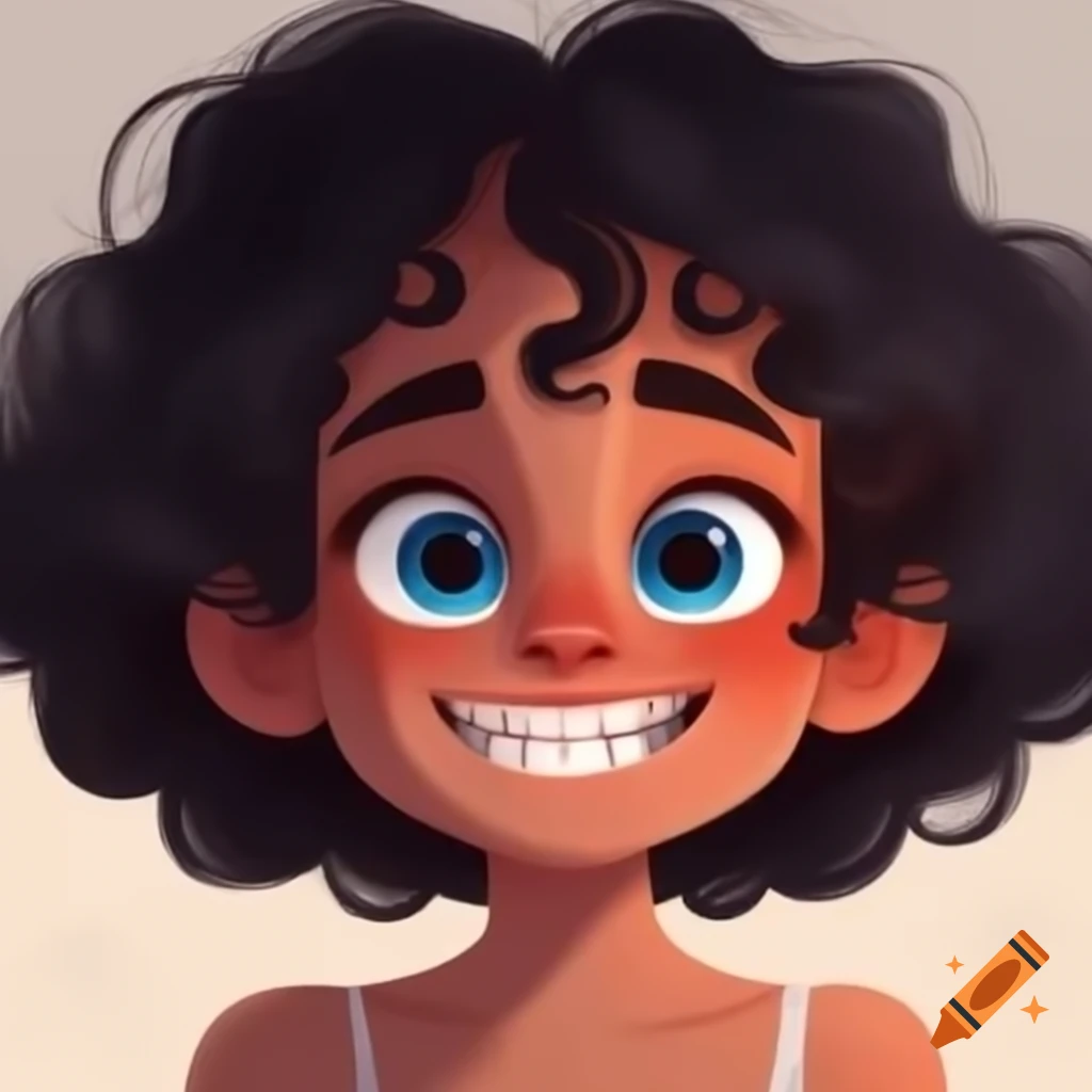 Girl with curly black hair, blue eyes, and braces