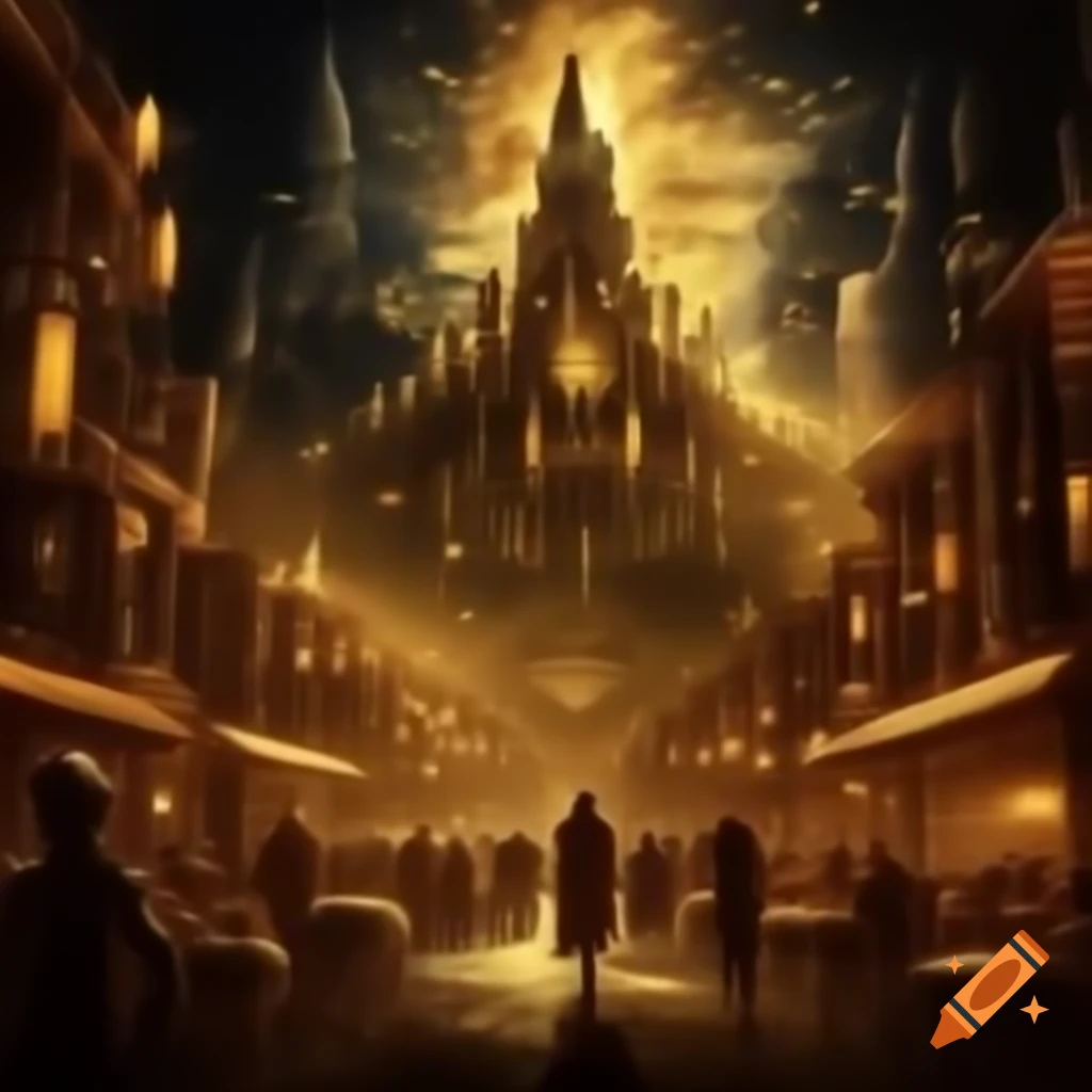 Golden city in heavenly setting inspired by biblical revelation