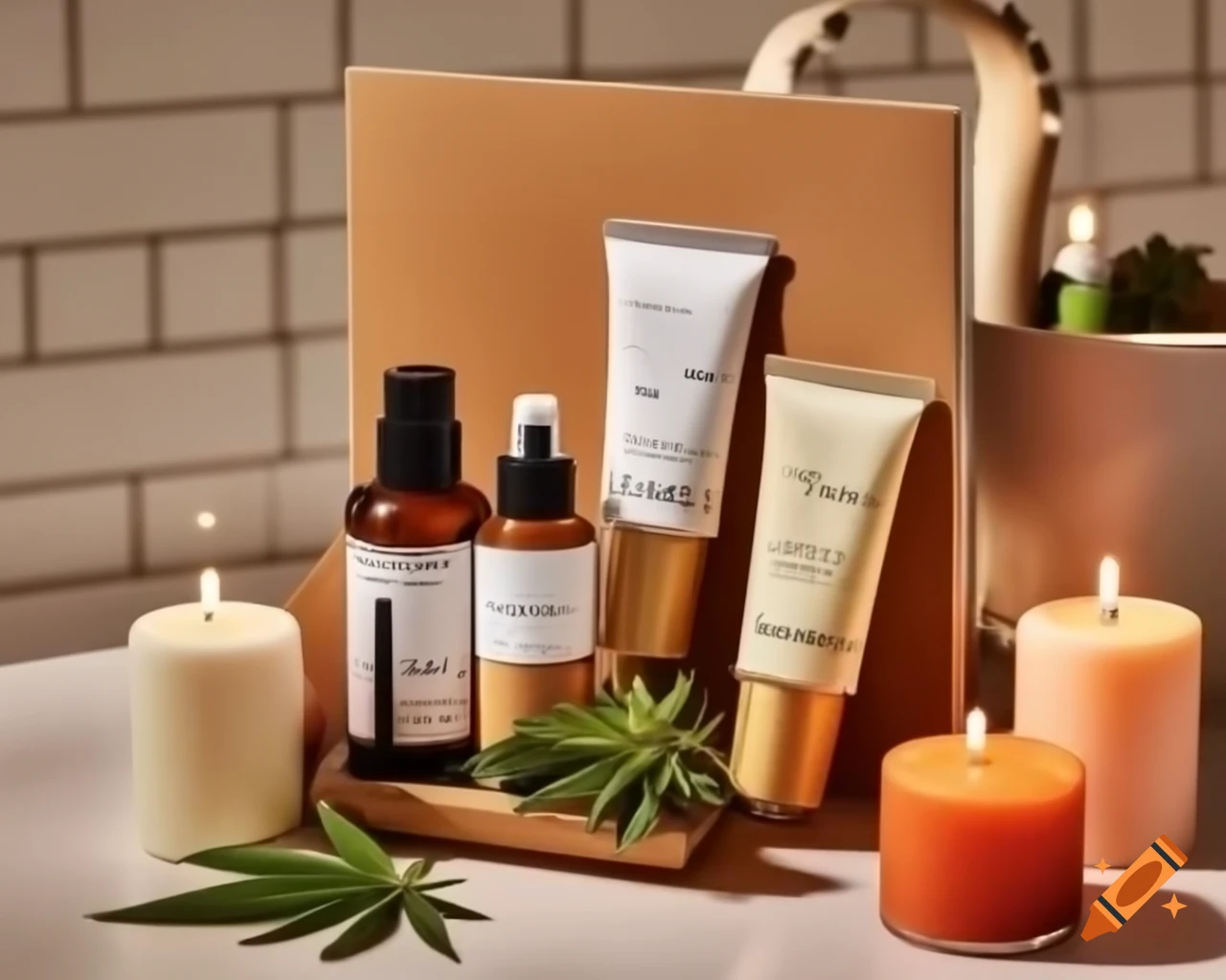 Hemp cosmetics and creams in elegant bathroom setting with candles