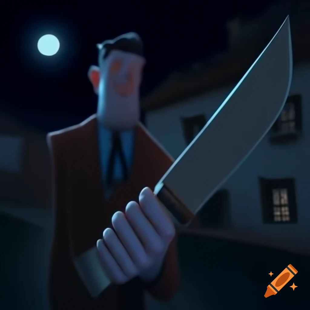 Man with knife standing in front of an old house at night with moon