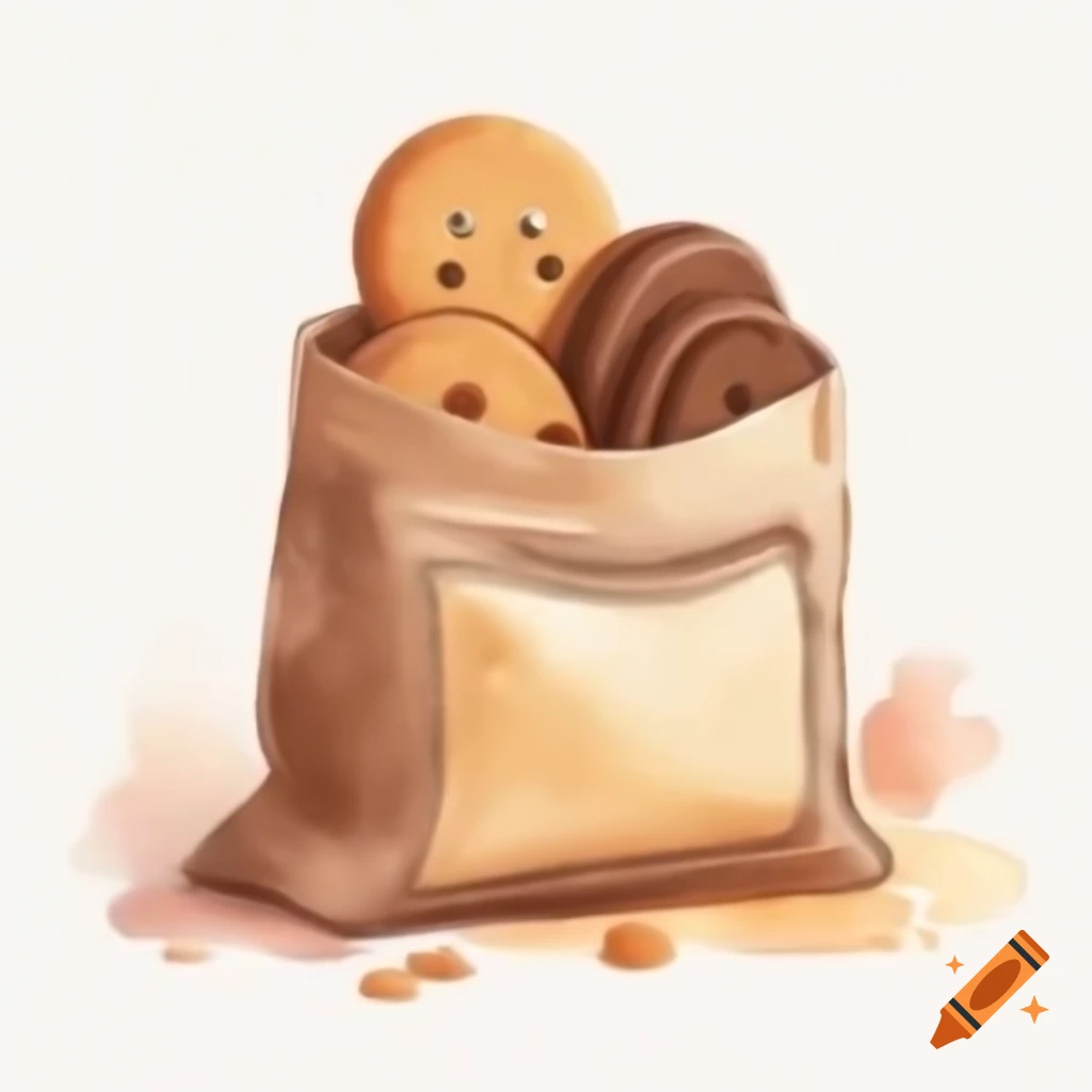 Cartoon bag of cookies on white background, watercolor style