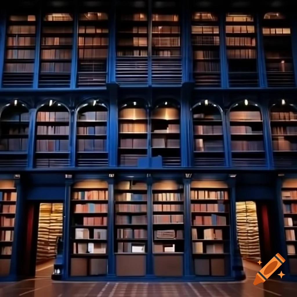 Beautiful bookshelves in blue oriental library, illuminated design