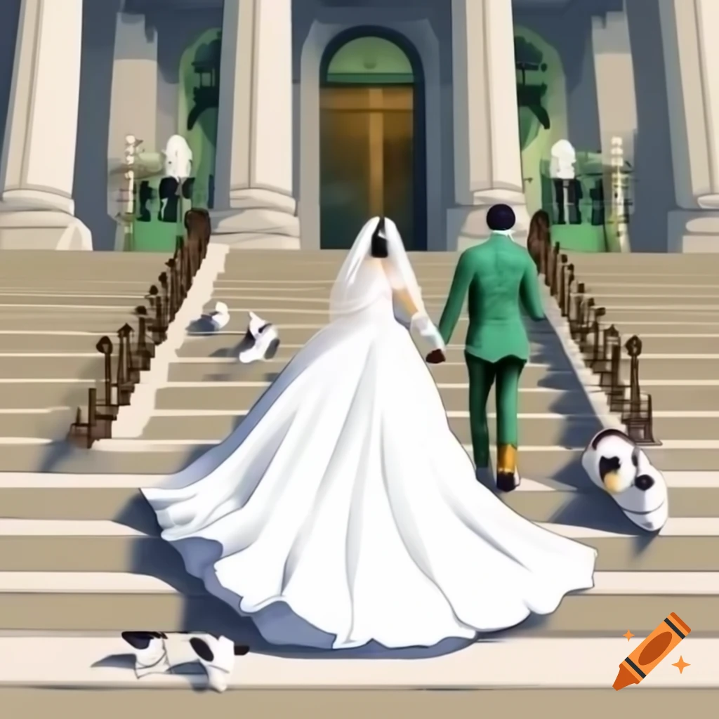 Watercolor illustration of white bride and Indian groom with cats at NY City Hall