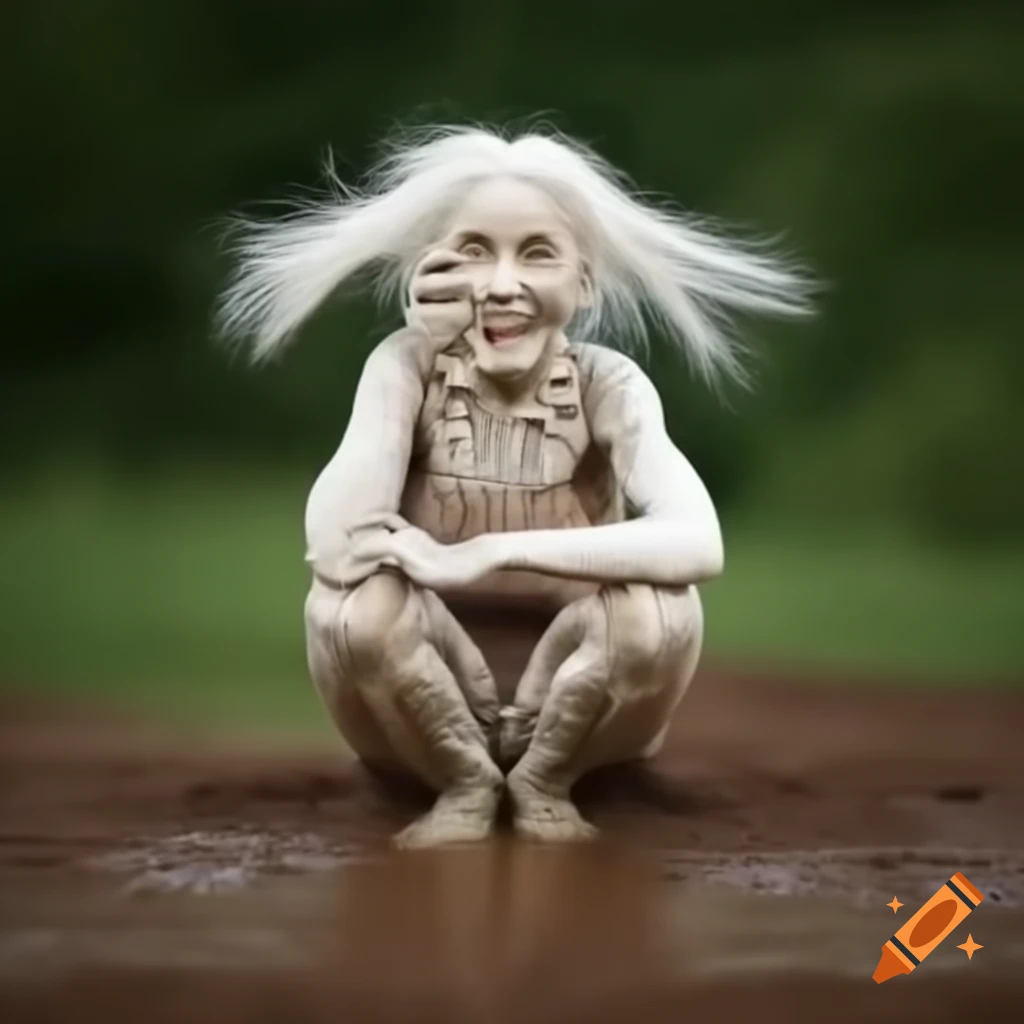 Person kneeling and playfully interacting with dirt and mud, smiling