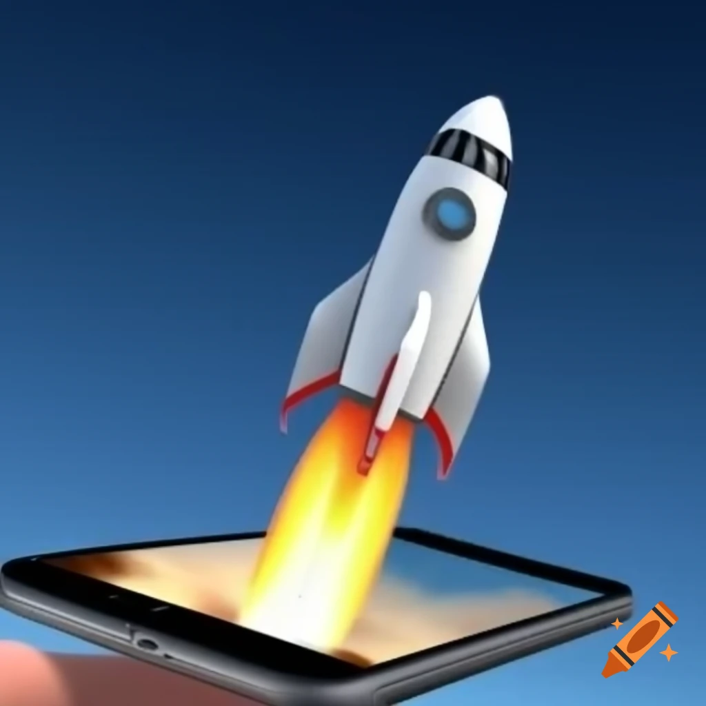 3D rocket flying with flames from cellphone