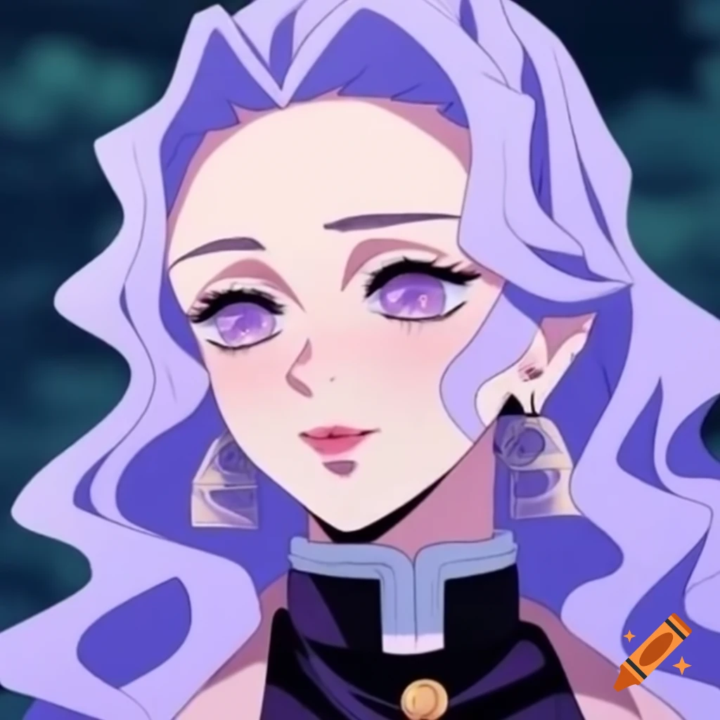 Ornate portrait of a sultry feminine heroine from Kimetsu No Yaiba with lavender hair