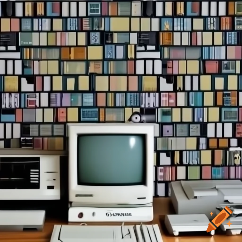 90's themed 4k vertical wallpaper with VHS cassette, audio cassette, and old computer