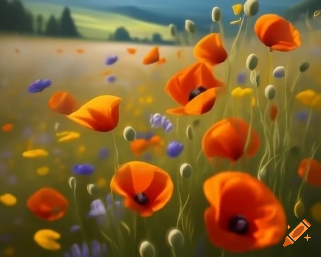 Meadow filled with poppies and cornflowers