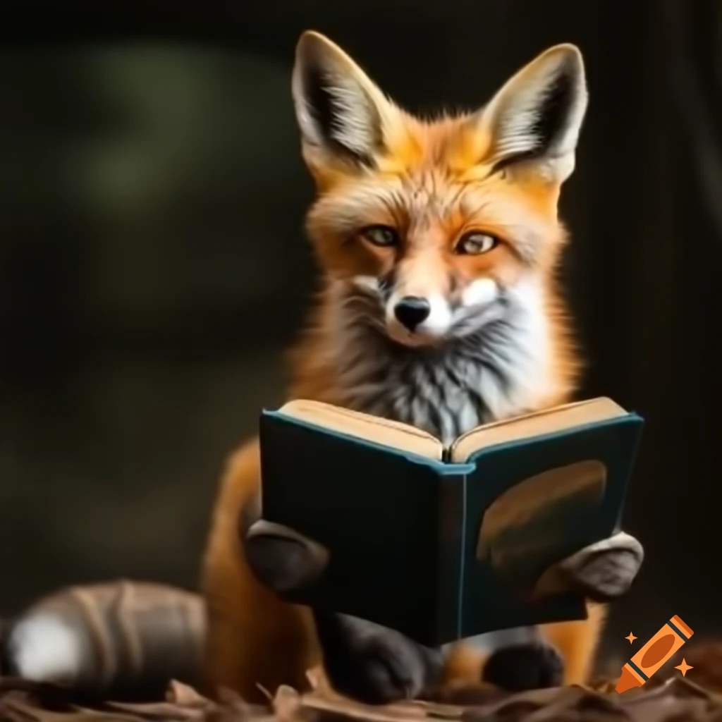 Cunning fox with human features reading a book under its tail