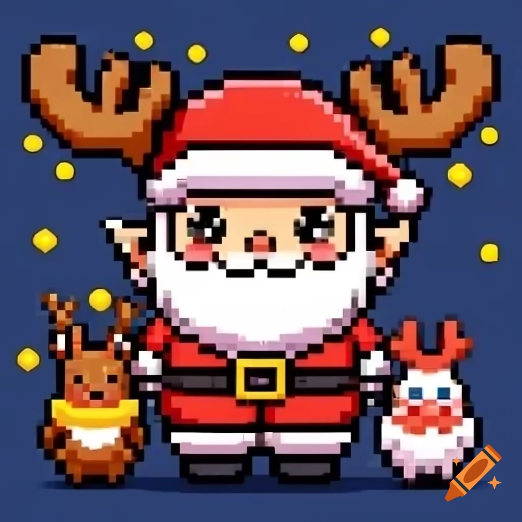 Kawaii pixel art featuring Santa, elves, and a reindeer