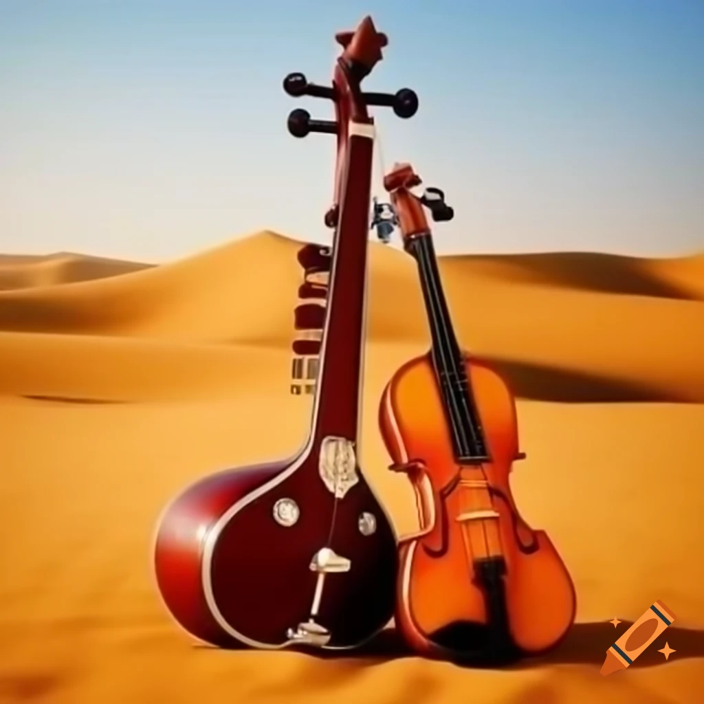 Veena and violin instruments resting on desert sand