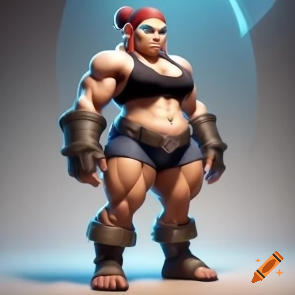 Muscular female dwarf in modern workout gear, full body fantasy setting